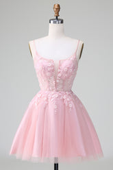 Blushing Pink Spaghetti Strap A-Line Tulle Short Homecoming Dress with Appliques