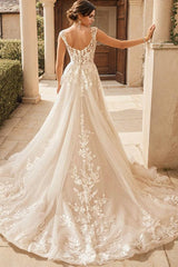 Bohemian V Neck Bridal Gown Featuring Illusion Back