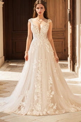 Bohemian V Neck Bridal Gown Featuring Illusion Back