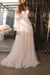Boho A Line Sweetheart 3/4 Sleeves Sweep Train Tulle Bridal Gowns