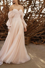 Boho A Line Sweetheart 3/4 Sleeves Sweep Train Tulle Bridal Gowns