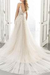 Boho A Line Sweetheart Sleeveless Tulle Wedding Dress With Appliques Lace