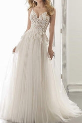 Boho A Line Sweetheart Sleeveless Tulle Wedding Dress With Appliques Lace