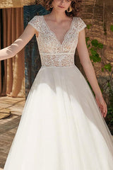Boho A Line V Neck Open Back Short Sleeves Lace Tulle Wedding Dress