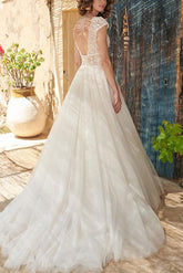 Boho A Line V Neck Open Back Short Sleeves Lace Tulle Wedding Dress