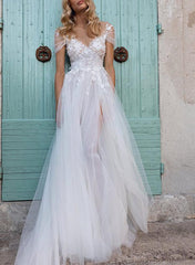 Boho A Line V Neck Short Sleeves Lace and Tulle Wedding Dress With Front Split