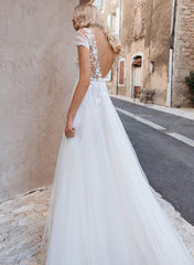 Boho A Line V Neck Short Sleeves Lace and Tulle Wedding Dress With Front Split