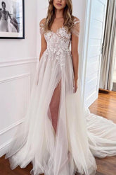 Boho A Line V Neck Short Sleeves Lace and Tulle Wedding Dress With Front Split