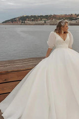 Boho Ball Gown V Neck Organza Wedding Dress With Lace Appliques Sleeves