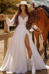 Boho Lace Long Sleeves A Line Bridal Gowns