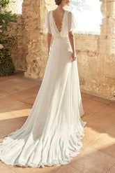 Boho Lace Open Back A Line Wrap Wedding Dress