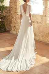 Boho Lace Open Back A Line Wrap Wedding Dress