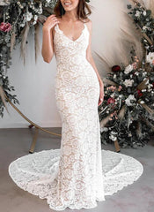 Boho Lace Open Back Mermaid Wedding Dress With Court Train