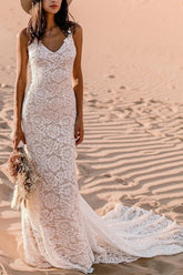 Boho Lace Open Back Mermaid Wedding Dress With Court Train