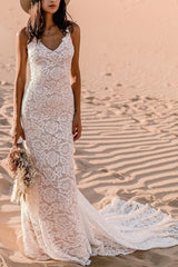 Boho Lace Open Back Mermaid Wedding Dress With Court Train