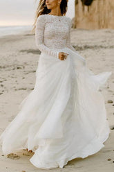 Boho Lace Tulle A Line Wedding Dress Long Sleeves