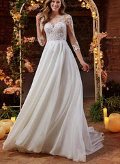 Boho Lace Wedding Dress With 3/4 Sleeves