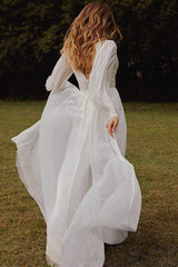 Boho Lace Wedding Dress with V Neck and Long Sleeves