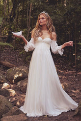 Boho Wedding Dress: Off the Shoulder Long Sleeves with Chiffon Sweep Train