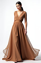 Brown A Line Deep V-Neck Long Chiffon Gala Dress