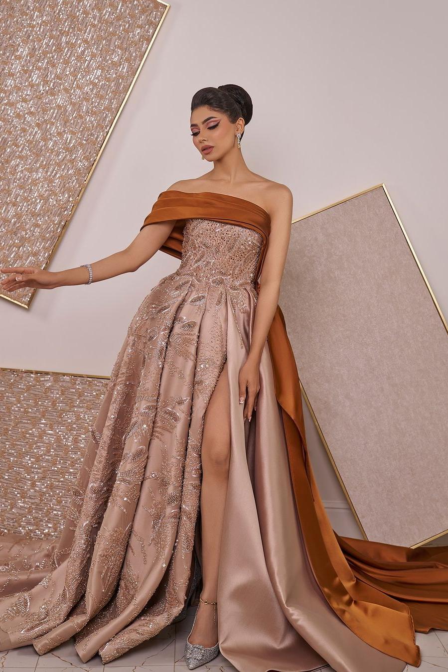 Brown A Line Prom Dress One Shoulder Formal Dress With Lace Appliques