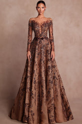 Brown A Line Prom Dress with Bateau Neck Long Sleeves and Embroidery