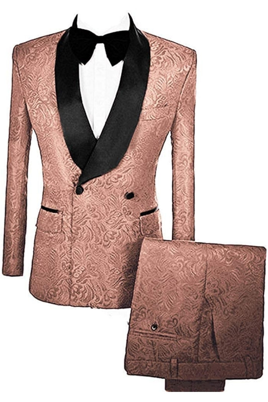 Brown Double Breasted Jacquard Wedding Suit with Velvet Lapel