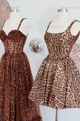 Brown Leopard Print Spaghetti Strap A-Line Short Homecoming Dress