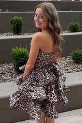 Brown Leopard Strapless Tiered Print Corset Short Homecoming Dress with Beading