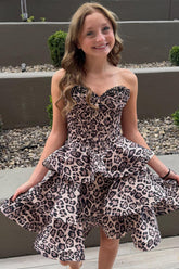 Brown Leopard Strapless Tiered Print Corset Short Homecoming Dress with Beading