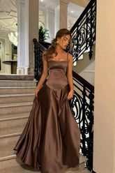 Brown Luxe Silk-Look Long Evening Dress With Fitted Bodice Formal Evening Gown