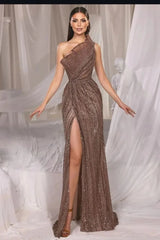 Brown Mermaid Prom Dress Sleeveless One Shoulder Sequined Formal Dress