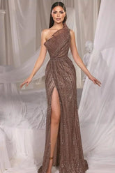 Brown Mermaid Prom Dress Sleeveless One Shoulder Sequined Formal Dress