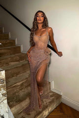 Brown Mermaid Prom Dress Sleeveless Scoop Neck Beaded Formal Dress