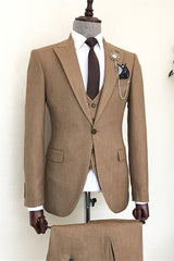 Brown Peaked Lapel Three Piece Business Suit
