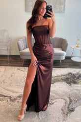 Brown Prom Dress Sheath Corset Sweetheart Formal Dress With Slit