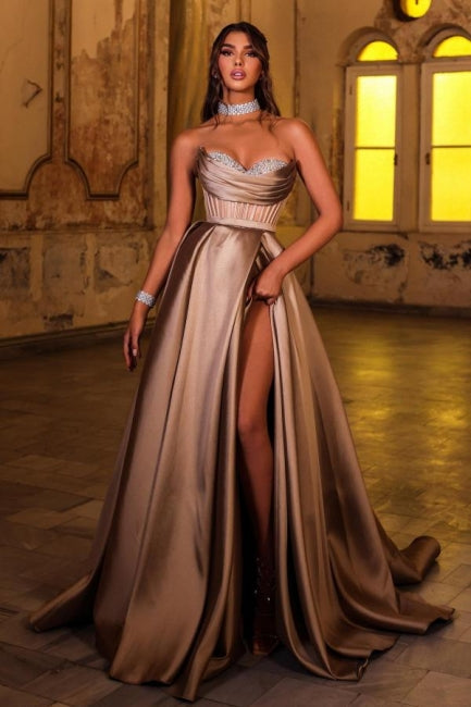 Brown Sweetheart Sleeveless Satin Slit Formal Dress With Rhinestones