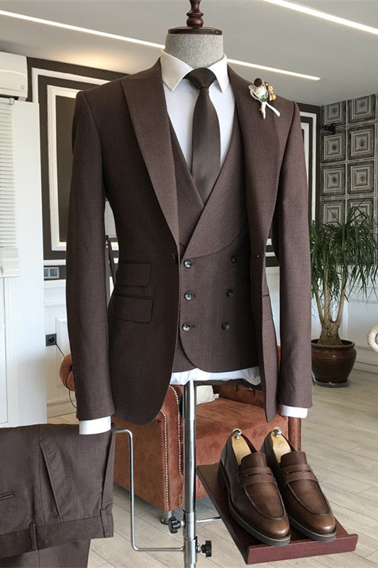 Brown Three Piece Peaked Lapel Business Suit