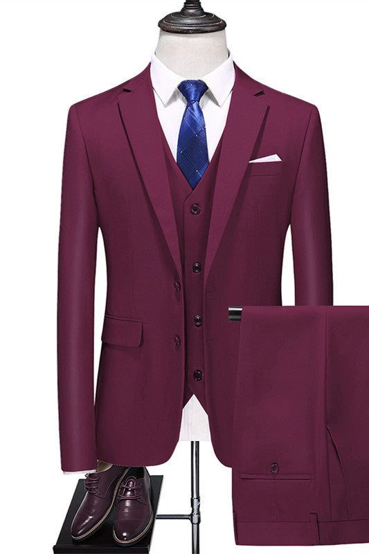 Burgundy 3 Piece Close Fitting Notched Lapel Men's Business Suit