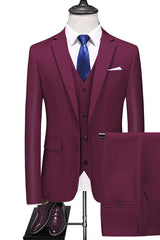 Burgundy 3 Piece Close Fitting Notched Lapel Men's Business Suit