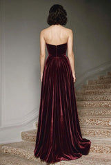 Burgundy A-Line Sweetheart Maxi Velvet Prom Dress