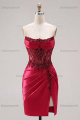 Burgundy Beaded Ruched Corset Tight Short Homecoming Dress with Slit