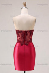 Burgundy Beaded Ruched Corset Tight Short Homecoming Dress with Slit