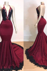 Burgundy Black V Neck Mermaid Evening Dress Halter with Applique