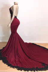 Burgundy Black V Neck Mermaid Evening Dress Halter with Applique