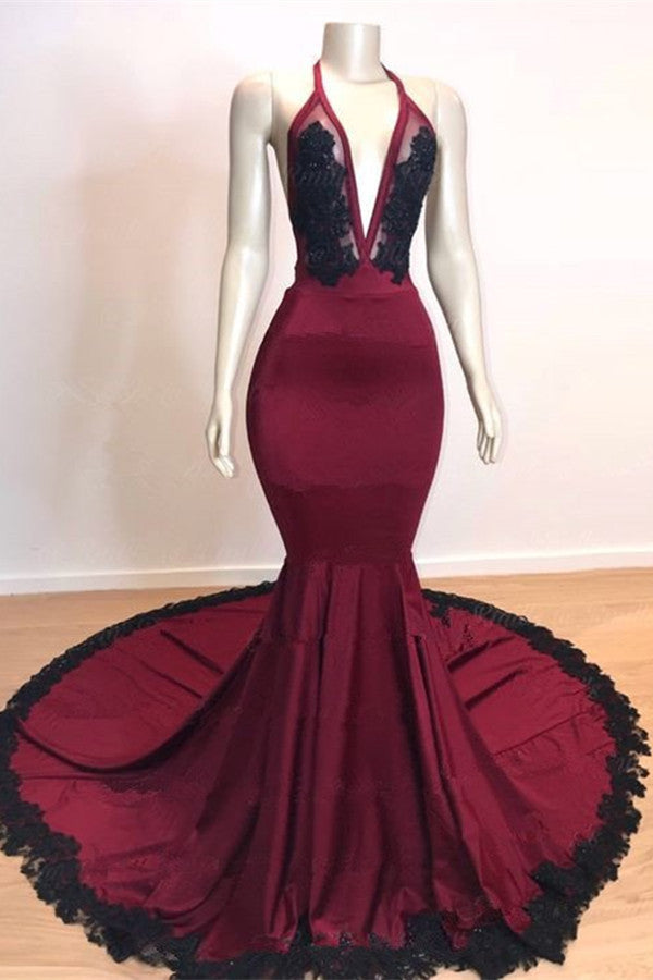 Burgundy Black V Neck Mermaid Evening Dress Halter with Applique