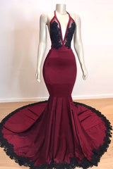 Burgundy Black V Neck Mermaid Evening Dress Halter with Applique
