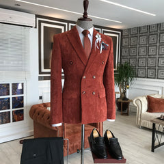 Burgundy Corduroy Peaked Lapel Double Breasted Prom Suit