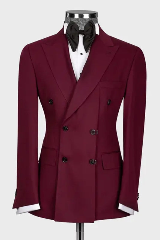 Burgundy Double Breasted Peaked Lapel Prom Suit
