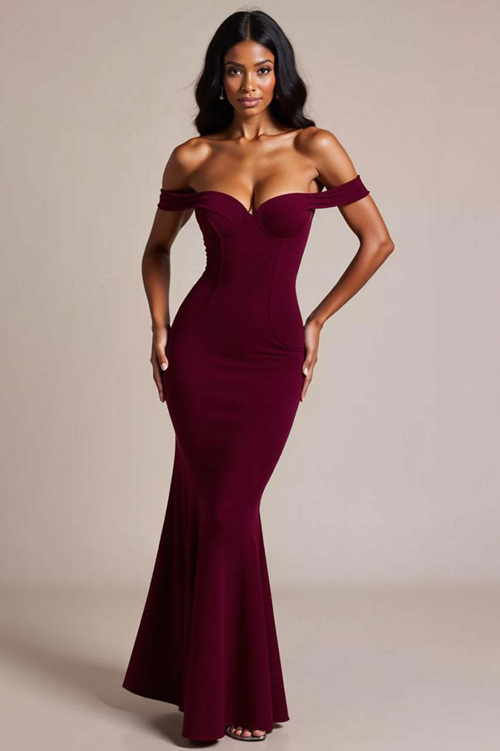Burgundy Formal Dress Crepe Mermaid Off The Shoulder Long Wedding Guest Dress